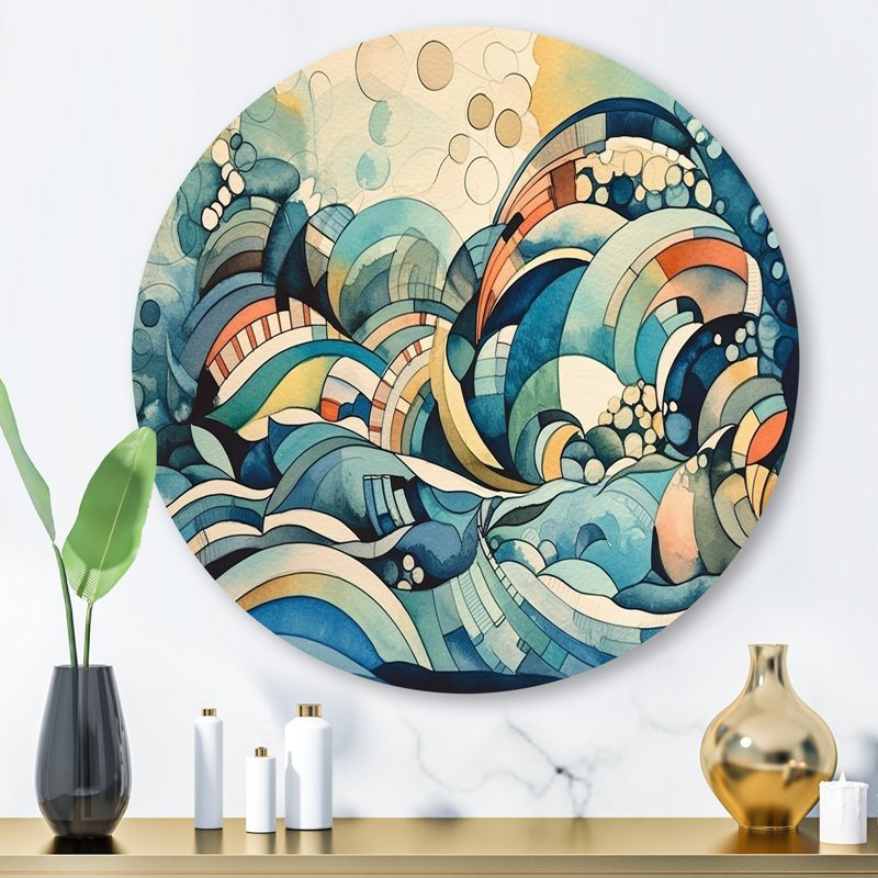«Blue and orange», art mural rond abstrait géométrique sur métal, H 29 po x l 29 po x P 1 po