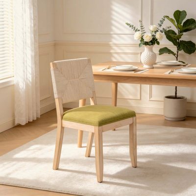 Ensemble de 2 chaises de salle à manger French Country, chaises de cuisine et de salle à manger de style campagnard, chaise de salle à manger en bois Boho avec dossier tissé et siège revêtu de lin, structure en bois massif