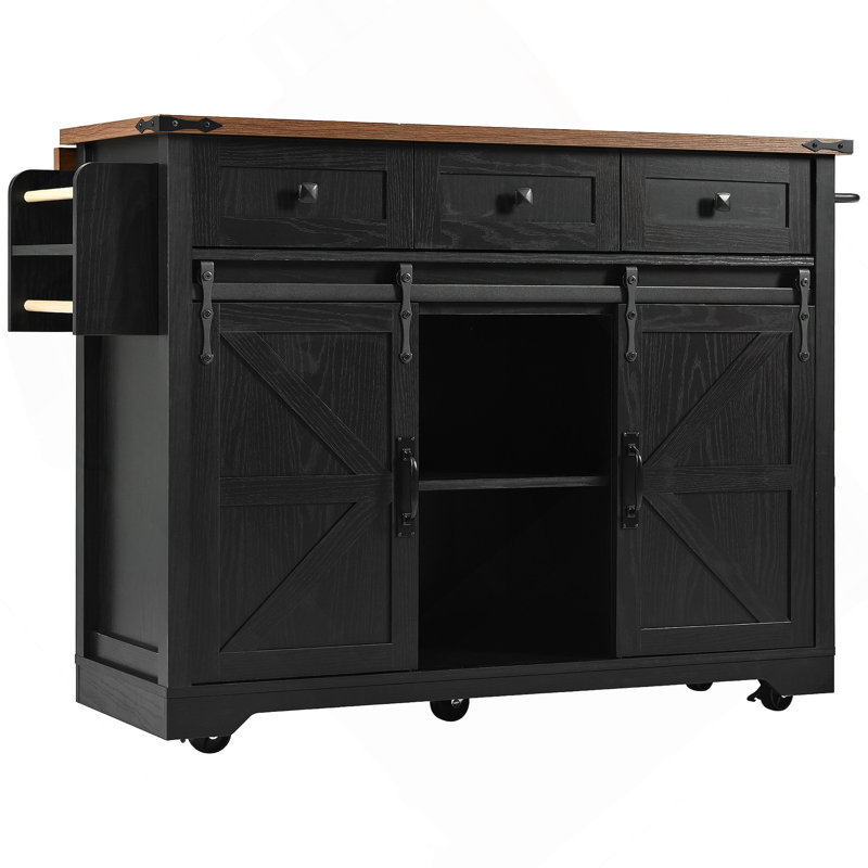 53.7" Farmhouse Kitchen Island With Power Outlet, 2 Sliding Barn Door Kitchen Storage Island With Drop Leaf, Spice Rack Rolling Kitchen Cart On Wheels, For Home, Kitchen And Dining Room, Black