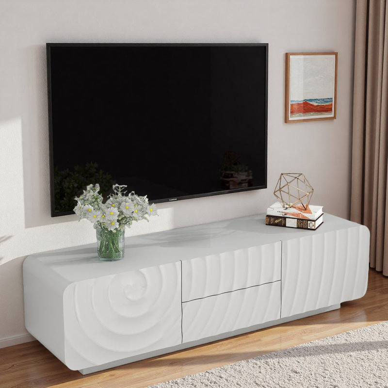 Meuble télé unique en forme de spirale avec armoires de rangement et 2 tiroirs, Blanc