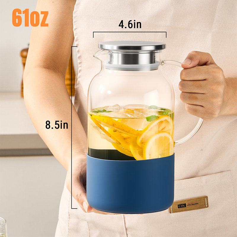 Deux paquets, pichet à eau avec base en silicone 61 oz / 1,8 l, pichet en verre chaud et froid avec couvercle et poignée, carafe en verre avec couvercle pour café, jus, limonade et lait