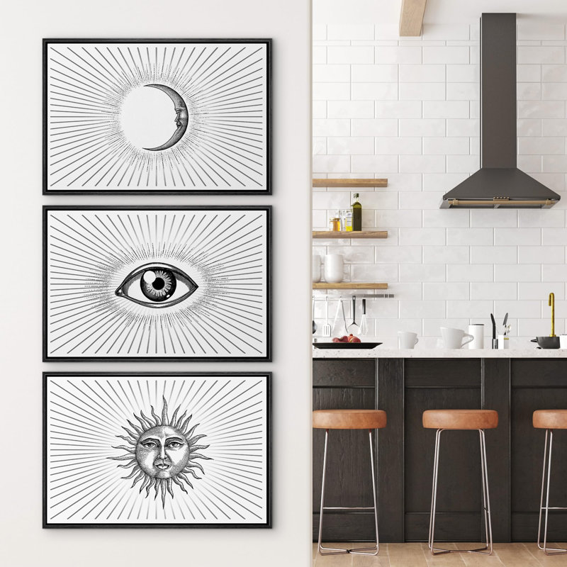 "Soleil, lune et œil avec lignes lumineuses" 3 pièces, Cadre noir, H 16 po x l 24 po