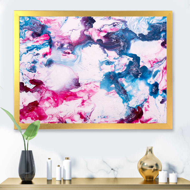 Art liquide et marbre rose et bleu - peinture sur toile, H 31,5 po x l 41,5 po x P 1,5 po, Cadre doré