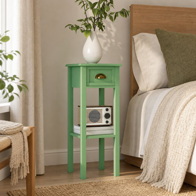 Bureau d'appoint moderne et étroit pour salon, table de chevet étroite avec tiroir et tablette, gris-vert