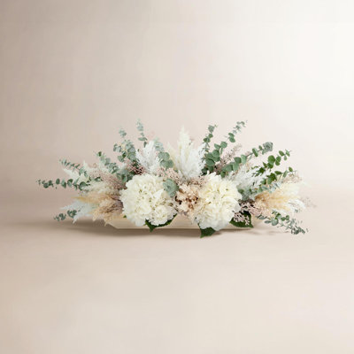 Hydrangea, Pampas and Eucalyptus Arrangement in Wooden Bowl