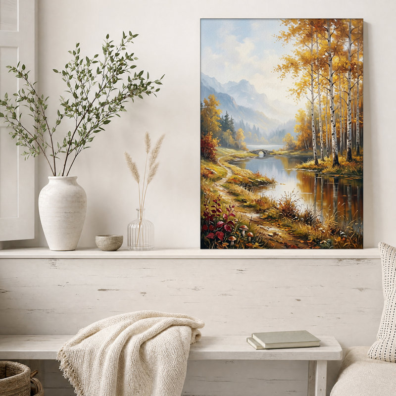 Tableau sur toile représentant des bouleaux d'automne au bord d'une rivière de montagne, H 18 po x l 12 po