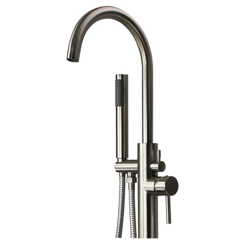 Robinet de baignoire autoportable à fixation au plancher à poignée simple avec douche à main Peyton, Nickel brossé