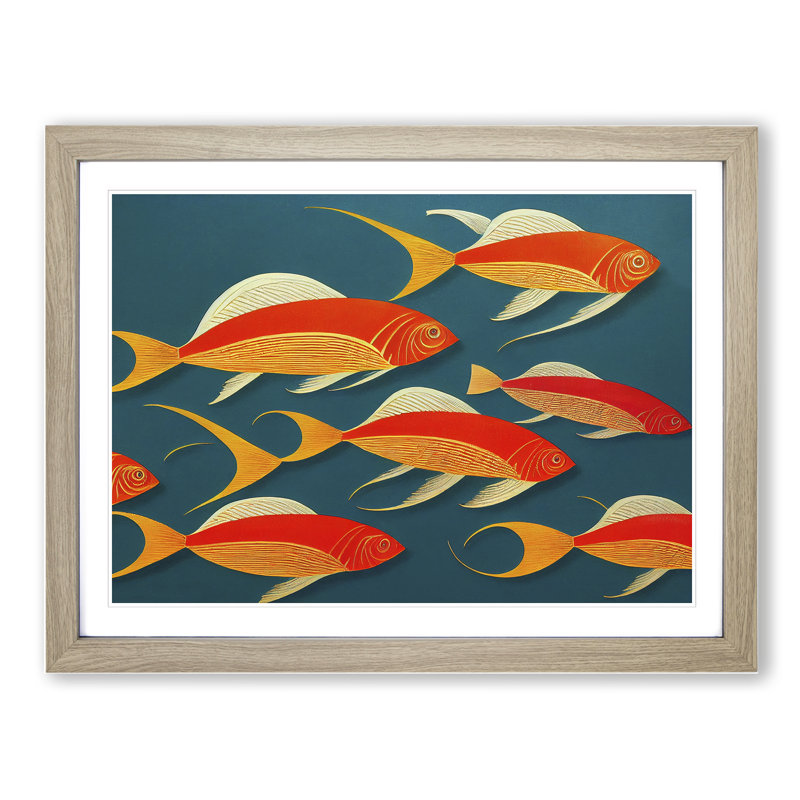Art Deco Fish - Single Picture Frame Print, 25cm H x 34cm W, Beige