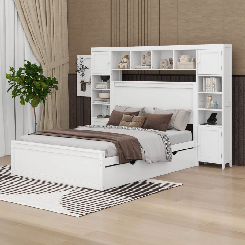 Lit double en bois avec armoire tout-en-un, tablette et prises, lit gigogne simple, Blanc