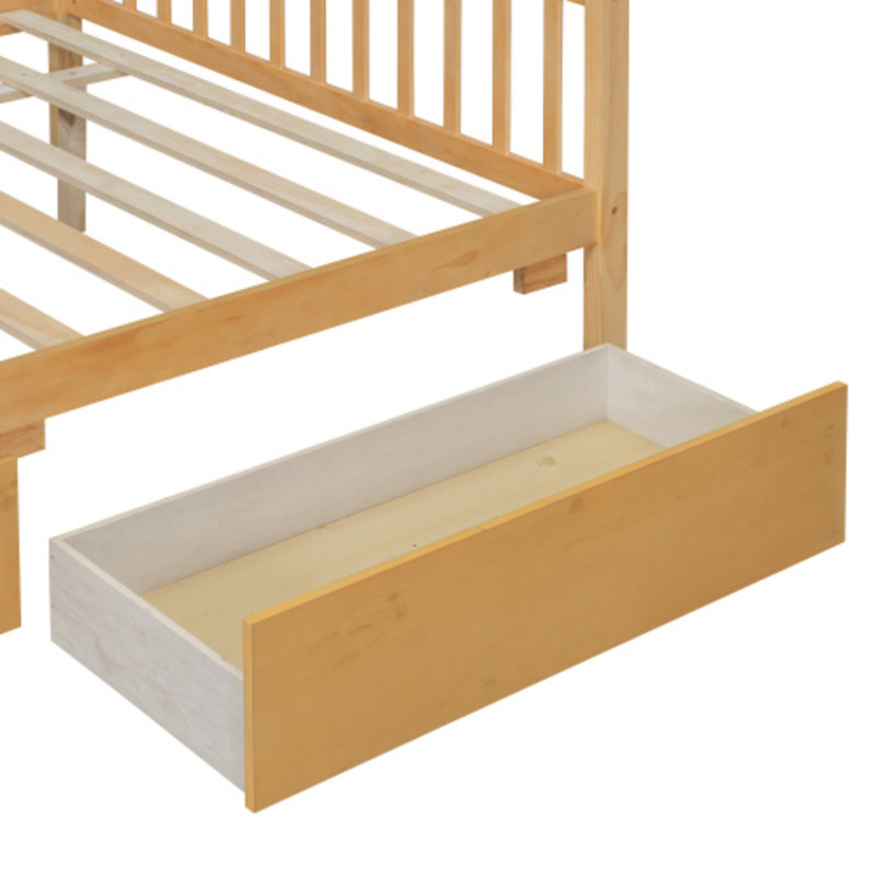 Lit House avec tiroirs, Lit double, Naturel