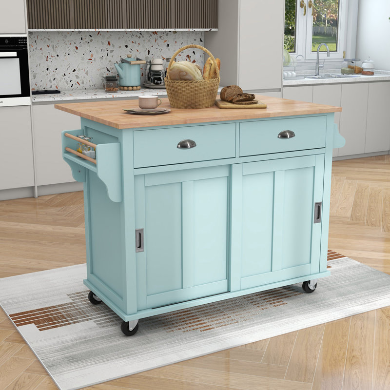 Buccigross 52.2'' Wide Rolling,with Rubber wood Drop-Leaf Countertop, Concealed sliding barn door adjustable height,Kitchen Island on 4 Wheels with Storage Cabinet and 2 Drawers,island,coffee cart