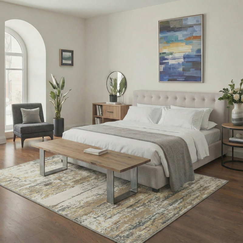 Aura Abstract Strokes Machine Washable Sand Beige Indoor Area Rug With Non-Slip Backing, Rectangle 6' x 9'