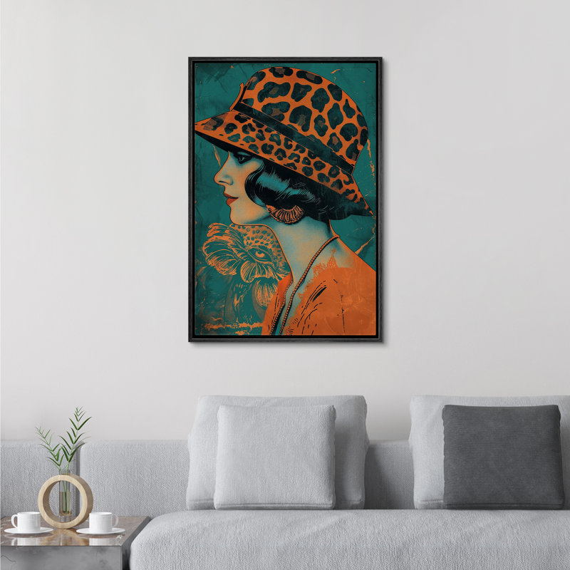 Élégance léopard orange, chapeau, dame, mode, BCBG, décoration de chambre, impression sur toile encadrée, H 36 po x l 24 po