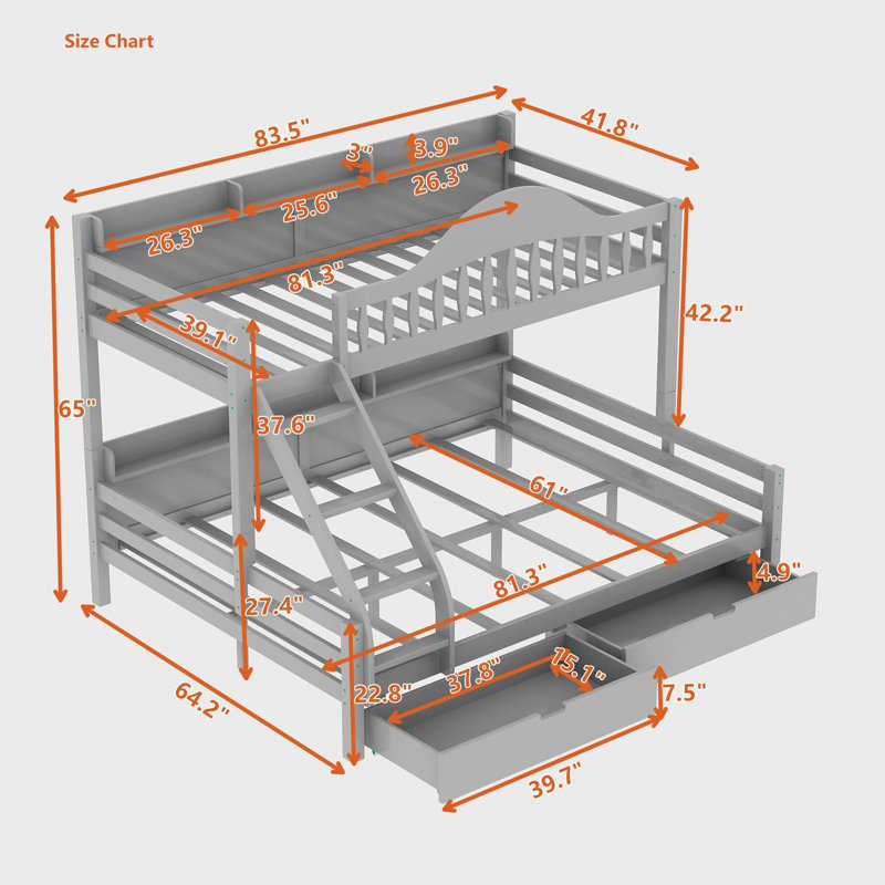 Lit superposé en bois avec étagères, barrières de sécurité incurvées et tiroirs de rangement, Twin Extra Long Over Queen
