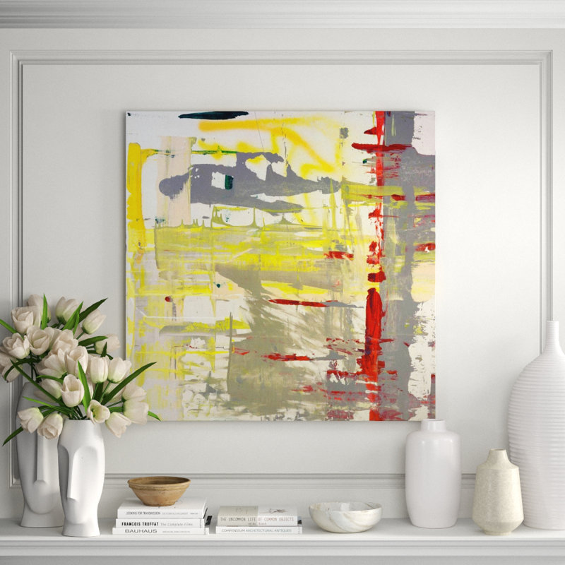 Red Yellow Gray Abstract Print, 40" H x 40" W x 1.5" D