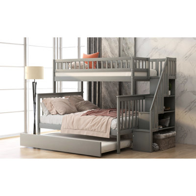 Lit superposé simple au-dessus d'un lit double avec lit gigogne et escalier, gris - Design compact, gris espace et option de sommeil fonctionnel en escalier
