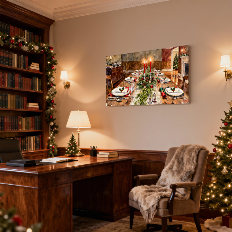 Table de Noël avec bougies et verdure, ensemble de 3 impressions sur toile, H 16 po x l 24 po
