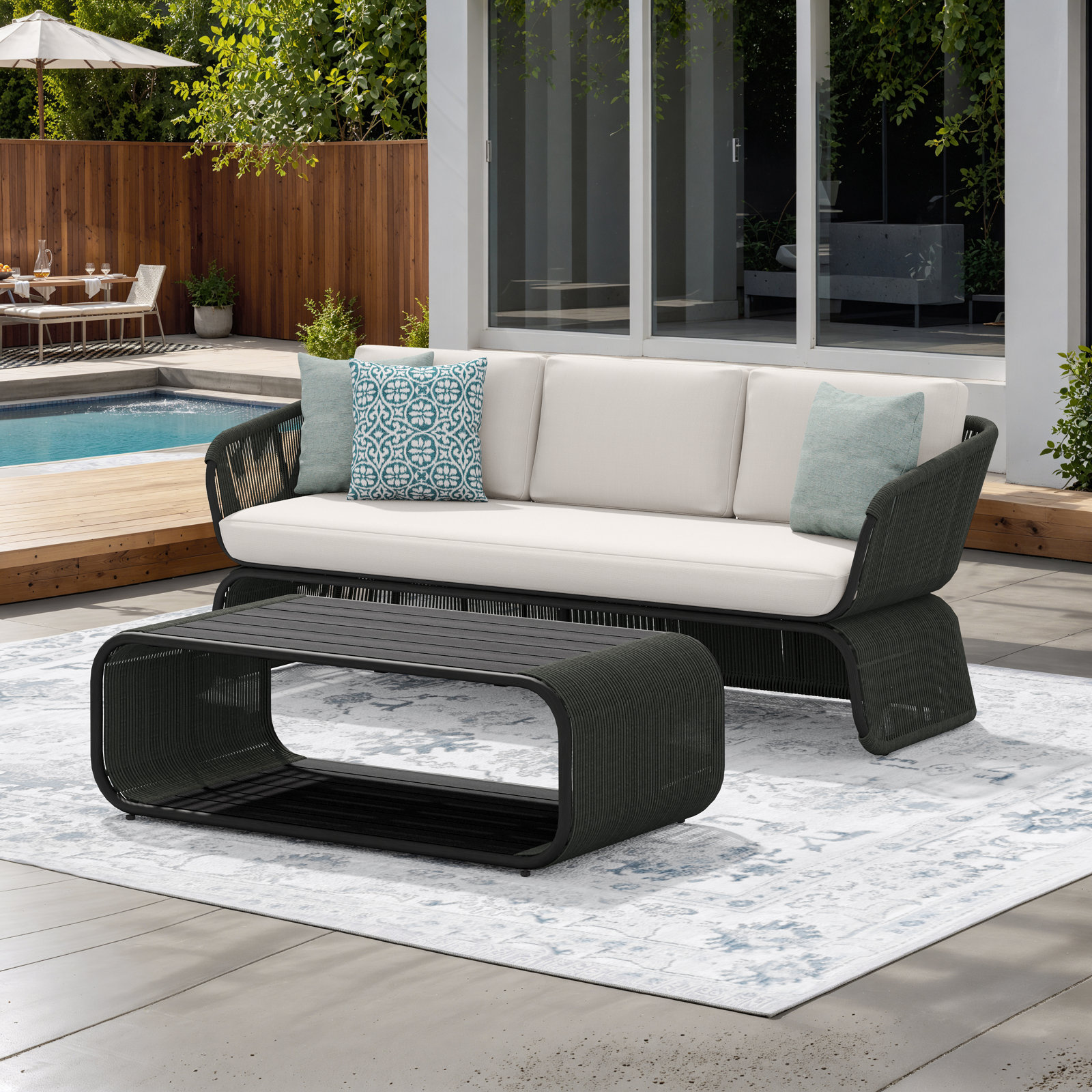 Carlen 3-Person Sunbrella® Patio Seating Group, Canvas Birds Eye Cushion/Green Frame