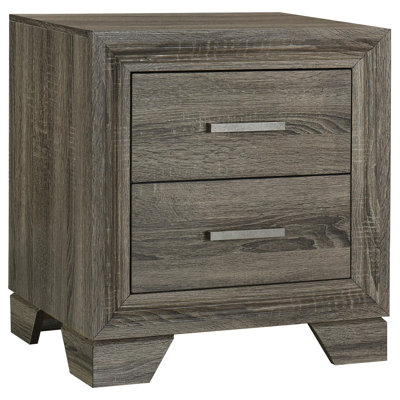 Reay Nightstand, Brown Oak Finish, 2 Drawers Silver Metal Bar Handles by Benjara