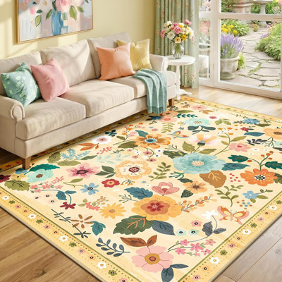 Motif floral 2 x 6 tapis lavable imprimé boho tapis mignon antidérapant fleur bas pour salon chambre cuisine bureau ferme-noir