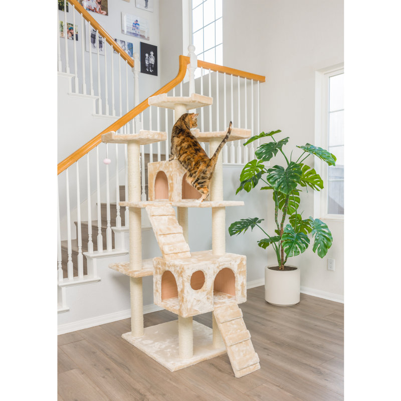 Beige Multi-Level Sisal Cat Tree with Playhouses and Ramps