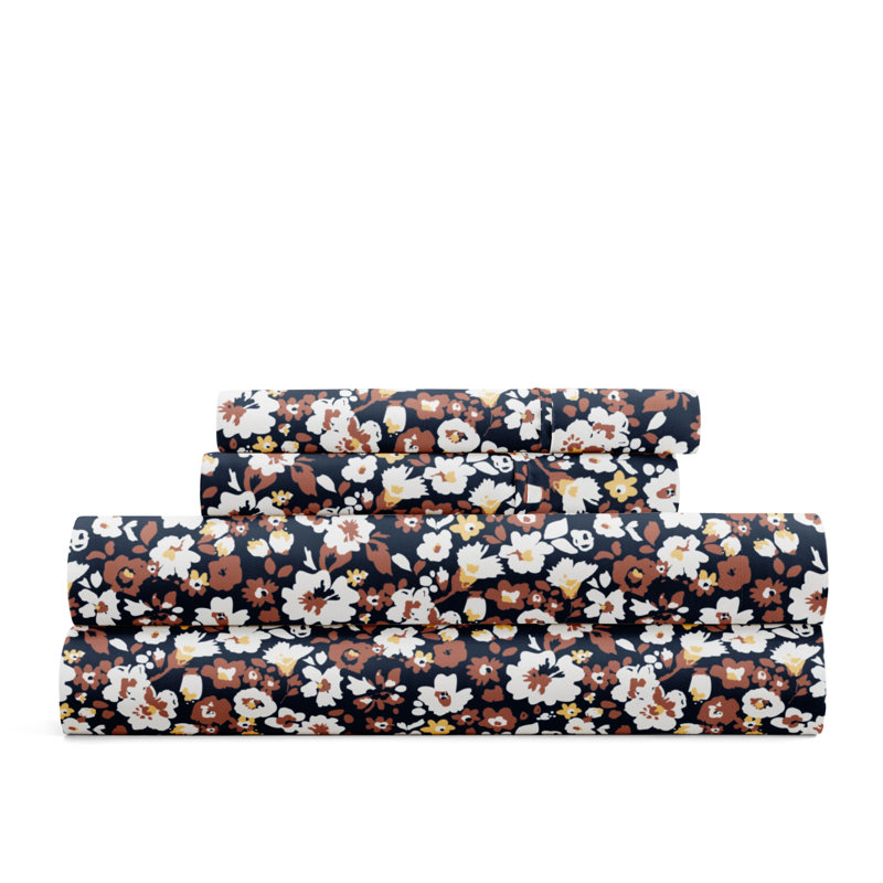 Queen Navy and Brown Floral Microfiber Sheet Set