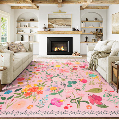 Groner Large Flower Living Room Rug Washable Bedroom Rug Non-Slip Colorful Vintage Accent Floor Carpet For Home Decor