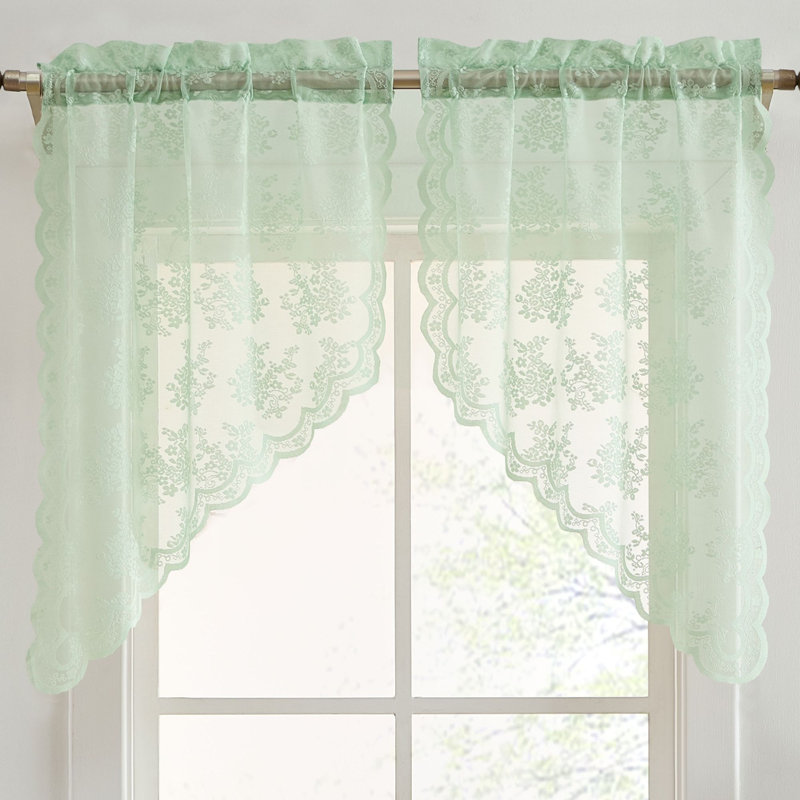 Stefani Floral Rod Pocket Lace Semi Sheer Voile Short Cafe Tiers for Small Windows - 28 x 36 Inch Length - Set of 2