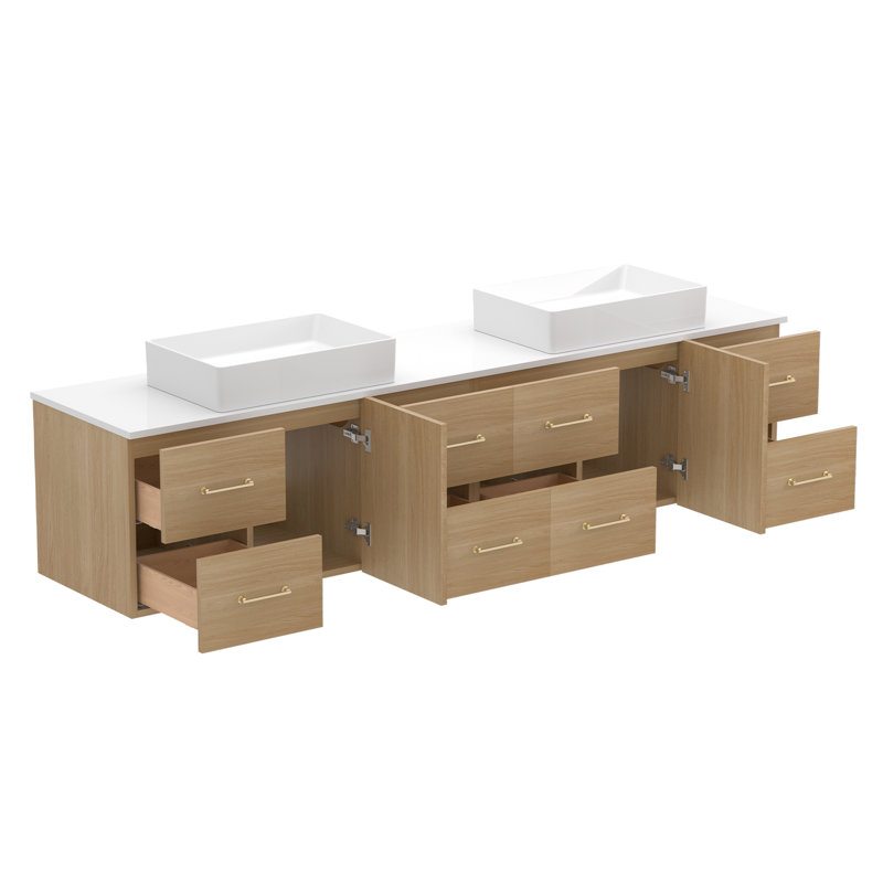 Meuble-lavabo mural 84 po avec comptoir en pierre de quartz blanc et double vasque carrée en céramique