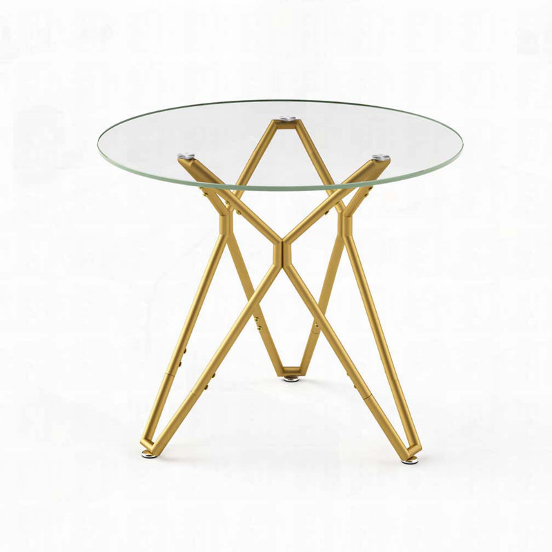 35.4 Inch Round Tempered Glass Dining Table Gold Metal Legs Space Saving Kitchen Dinner Table for 1-4 People