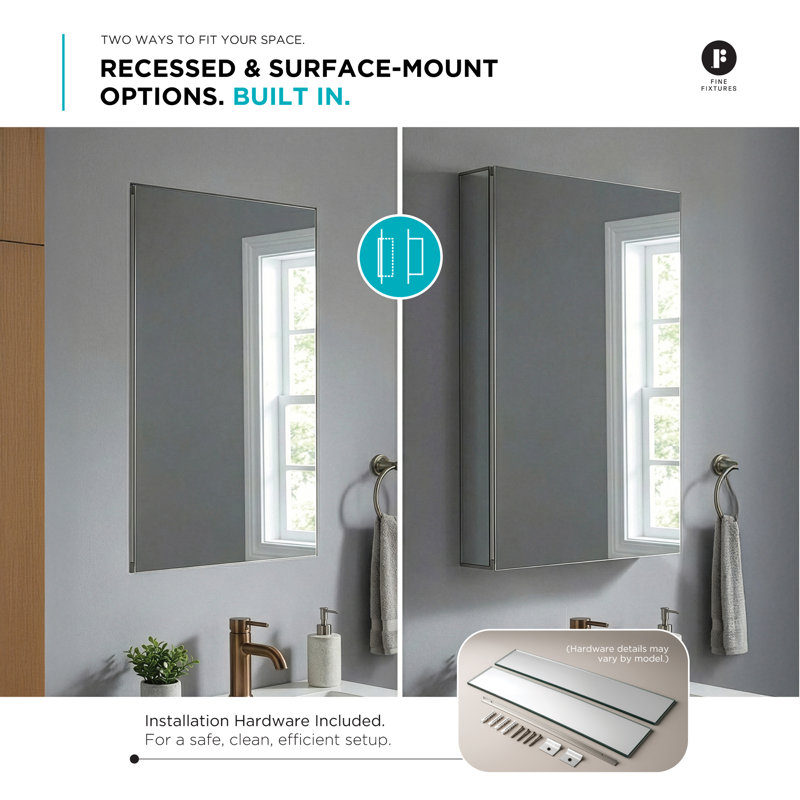 FINE FIXTURES Aluminum Frameless Recessed or Surface Mount Medicine Cabinet with 165° Soft-Close Hinges and Adjustable Glass Shelves