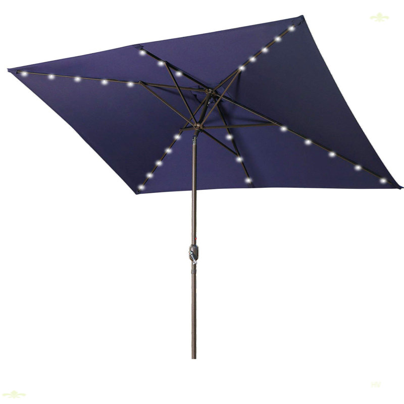 Waterproof Rectangular Patio Umbrella And Solar Lights, Navy Blue