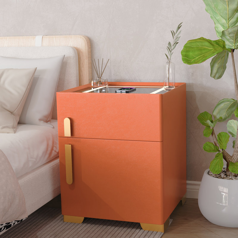 Modern 1 - Drawer Nightstand With Safe Case, Wireless Charging & Led Light (pre-assembled), Orange