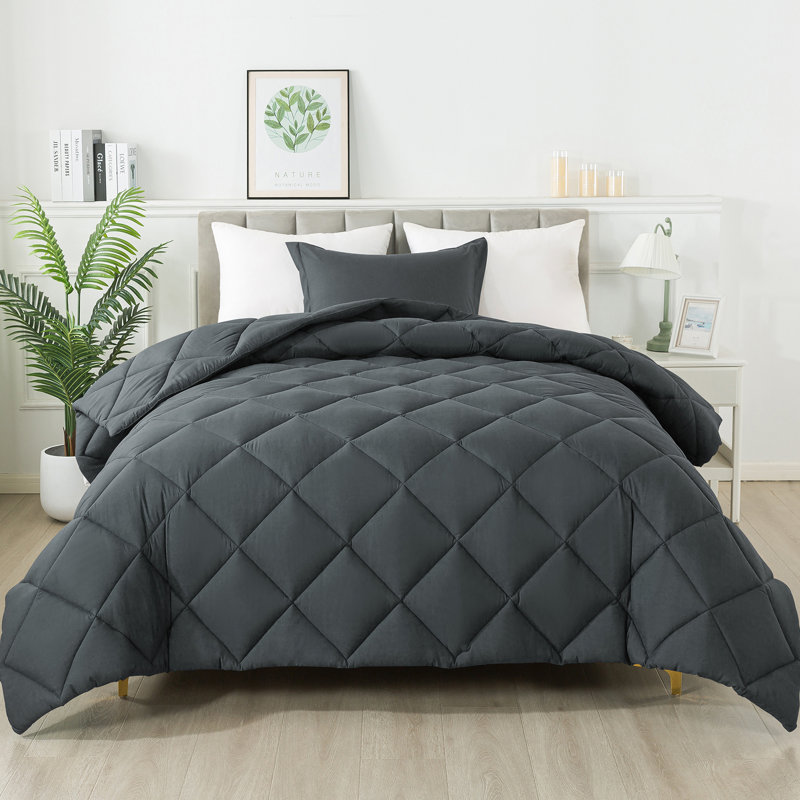 Ensemble d'édredon en losange trois pièces Diamond, Édredon pour lit simple + 1 taie décorative stan, Gris foncé