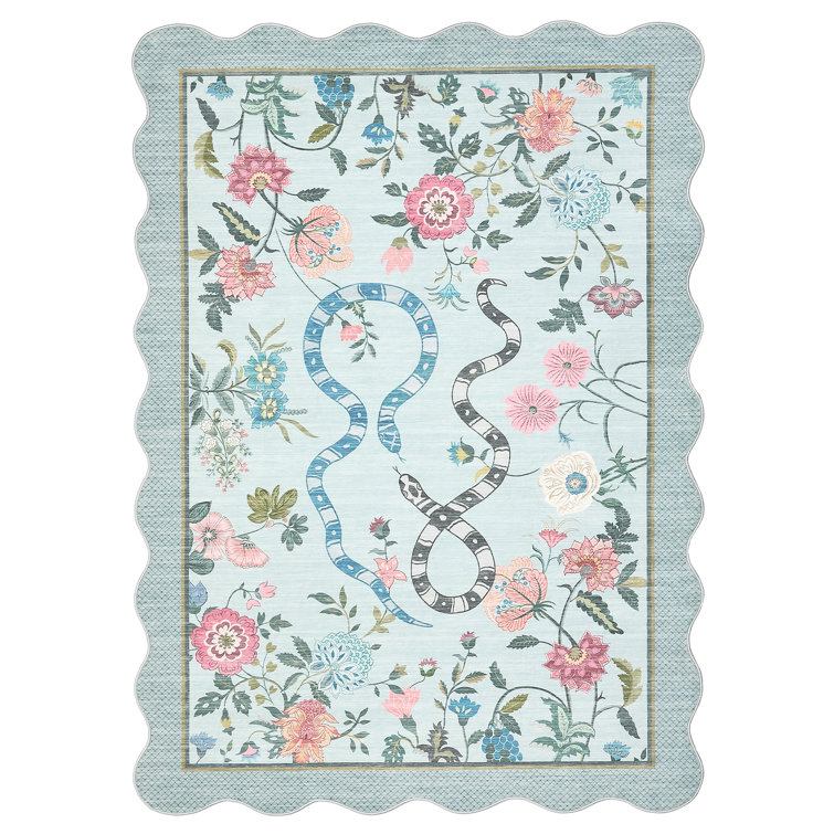 Farmhouse Floral Rug Washable Rug Non Slip Modern Scalloped Carpet, Soft Non Shedding Indoor Carpet, Low Pile Thin Foldable Printed Mat