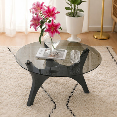Table basse de 31,5 po en verre, de style Mid-Century moderne, idéale comme pièce maîtresse pour les salons, les chambres à coucher, les espaces de réception et les bureaux (grain de bois noir), noir, gris