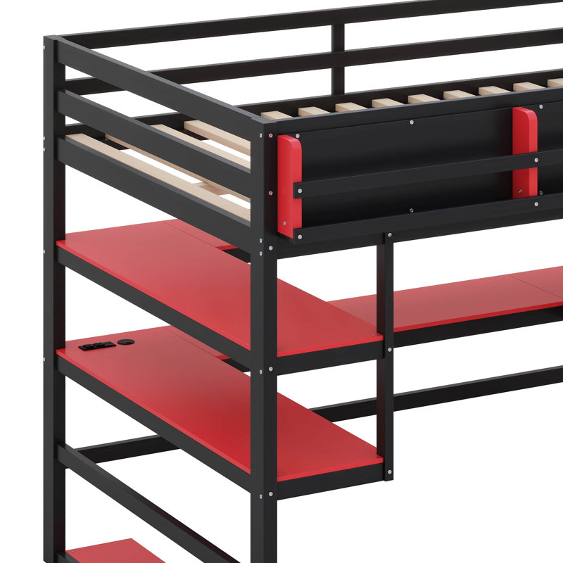 Lit mezzanine Gaming avec bureau intégré et tablettes de rangement, cadre de lit en bois peu encombrant avec DEL et course latérale