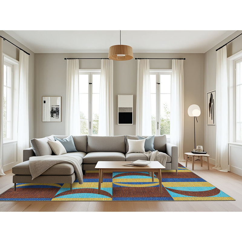 Tapis brun/vert/bleu à motifs, Rectangle 8 pi x 12 pi