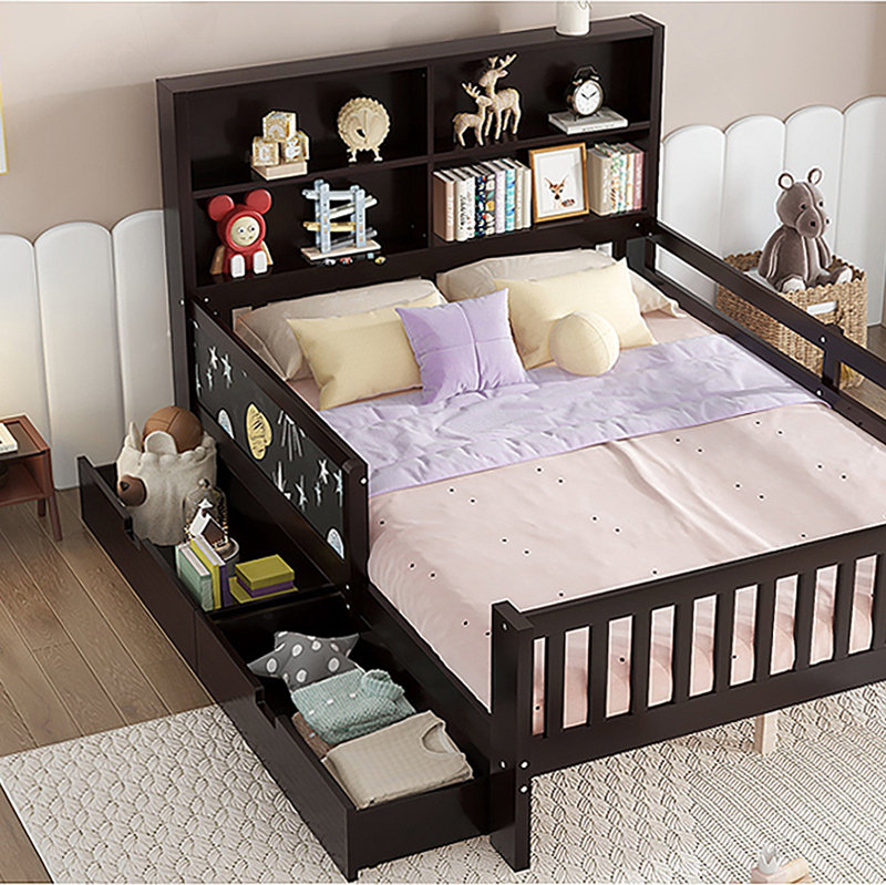 Lit plateforme double avec tableau noir, lit plateforme en bois massif avec tiroirs et tablettes de rangement, conception amusante et peu encombrante, espresso