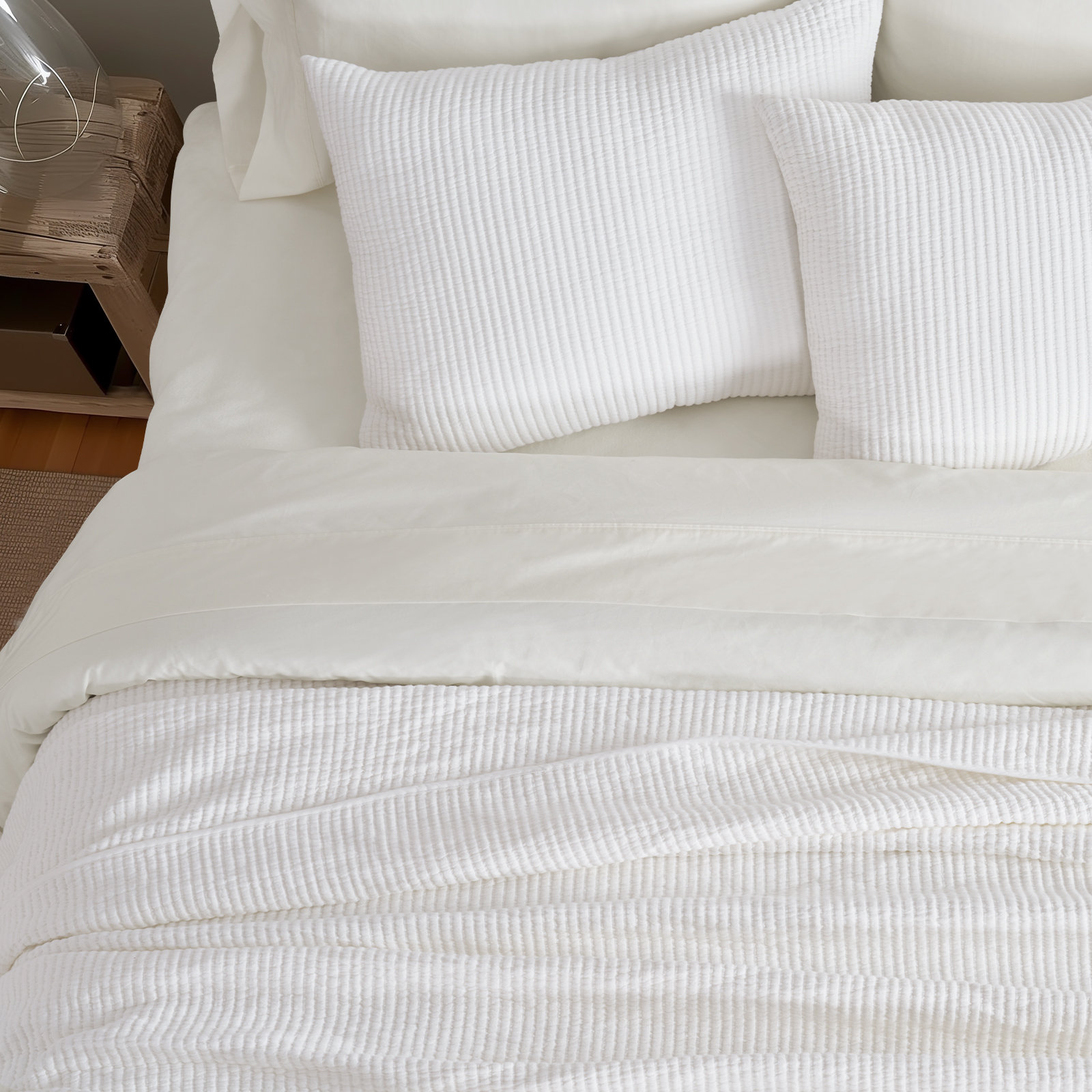 Ribbed Matelassé Cotton Coverlet Set, King Quilt + 2 King Shams, Washed Black