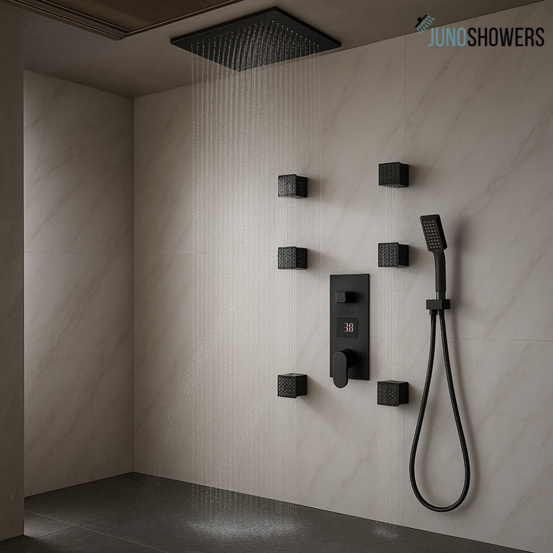 Juno Black Bronze Finish Rainfall Digital Shower Head with 6 Jet Spa Bathroom Shower