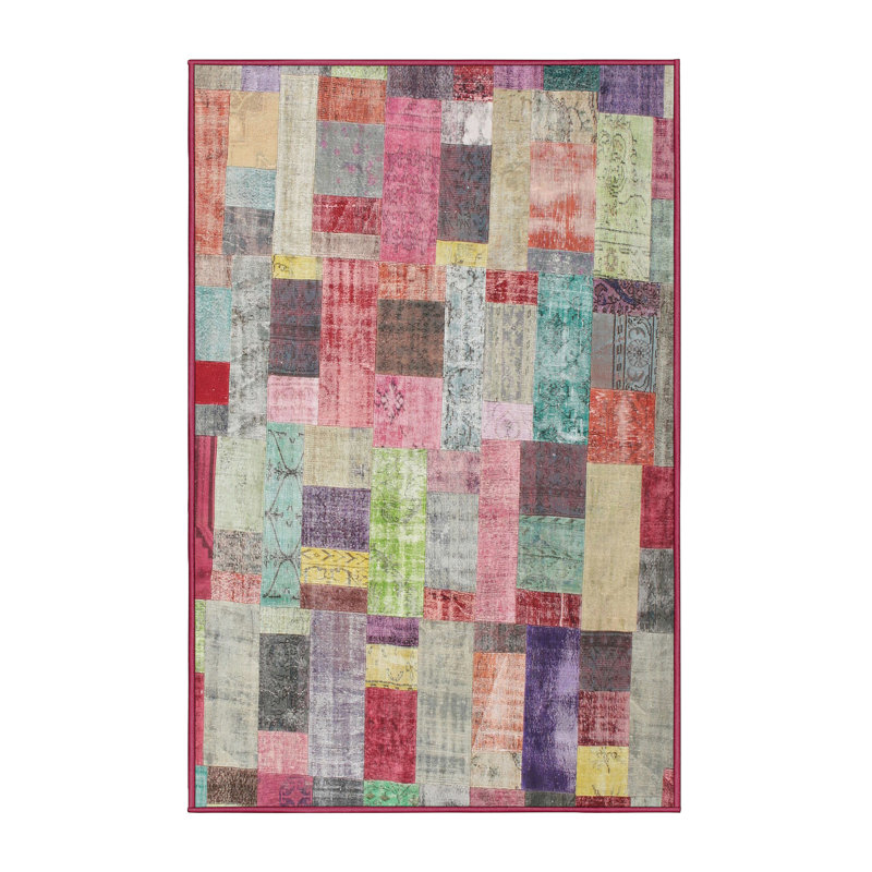 Tapis contemporain rouge / brun / bleu, Rectangle 5 pi x 7 pi