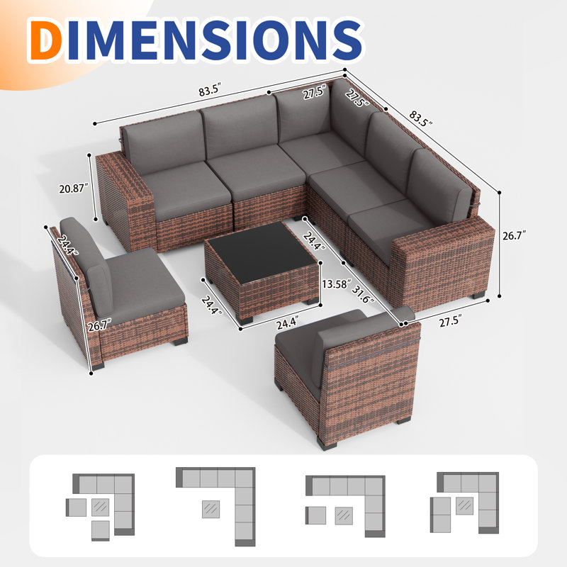  Ensemble de conversation modulaire en osier pour 7 personnes avec coussins, Gris foncé, Brun