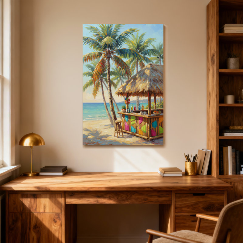 Plantes et fleurs, plage tropicale, bar, palmiers, vue sur l'océan, H 30 po x l 20 po
