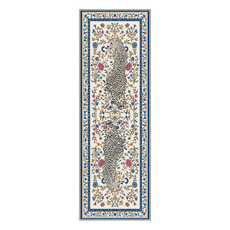 Exotic Leopard Floral Machine Washable Beige / Blue Indoor Area Rug with Non-Slip Backing, Runner 2'6" x 8'