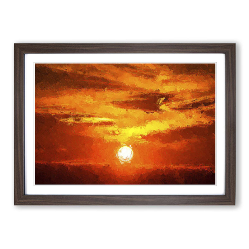 Striking Orange Sunset in Abstract - Picture Frame Painting Print on MDF, Walnut Framed, 36cm H x 48cm W x 2cm D
