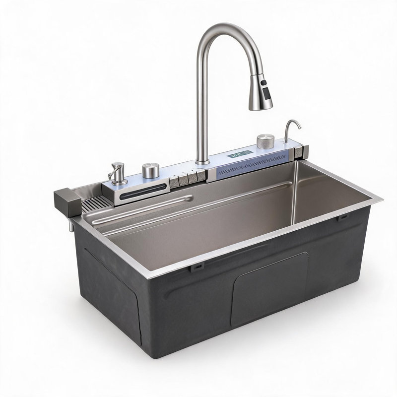 Évier de cuisine à cuve en acier inoxydable gris foncé, 76 cm x 46 cm x 23 cm, avec robinet extractible et planche à découper.