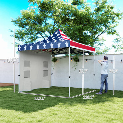 Tente à auvent escamotable robuste 10 'x 10' avec paroi latérale, abri de soleil instantané avec poches de rangement UPF50 +, hauteur réglable, avec sac à roulettes, sacs de sable pour l'extérieur, patio, imprimé drapeau américain