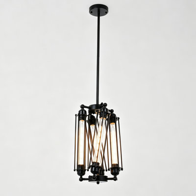 4-Light Industrial Steampunk Cage Chandelier, Black Metal Vintage Pendant Light for the Foyer, Dining Room, and Bar,Bulbs Not Included