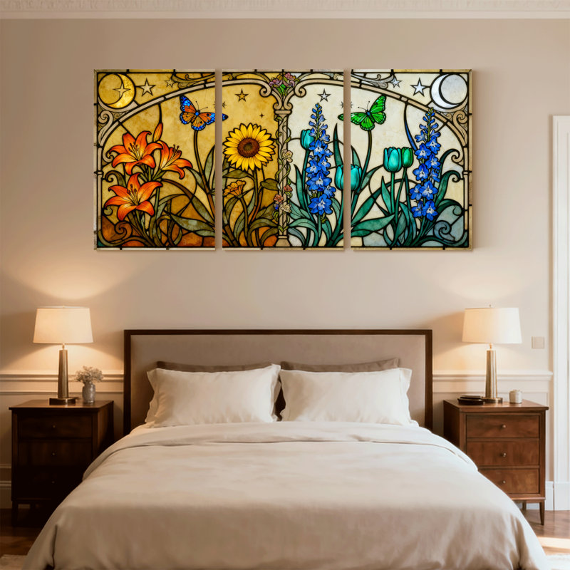 Ensemble de 3 reproductions d'art sur toile style vitrail floral et papillon, H 30 po x l 60 po